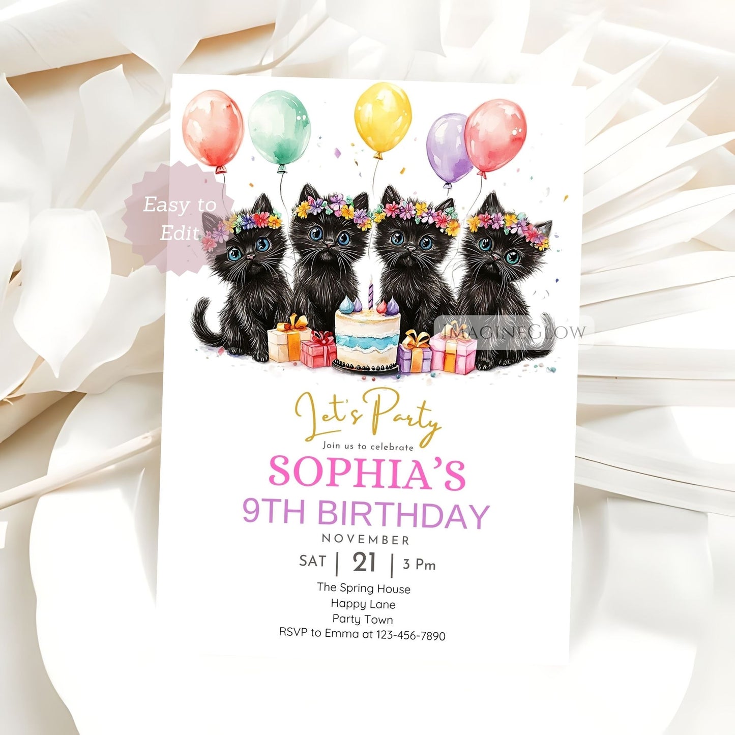 Elegant black cats themed birthday party invitation editable