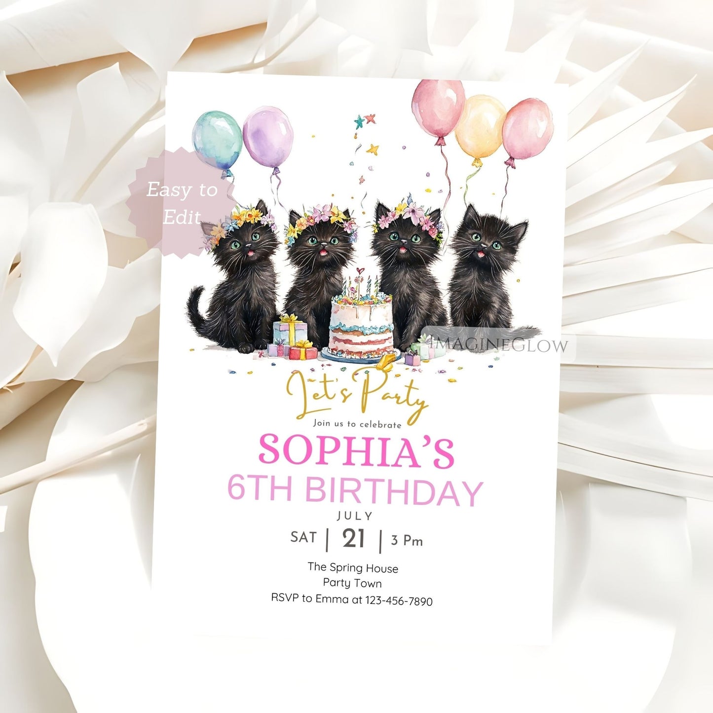 Birthday invitation card with four black cats, balloons, and a cake on a white background.