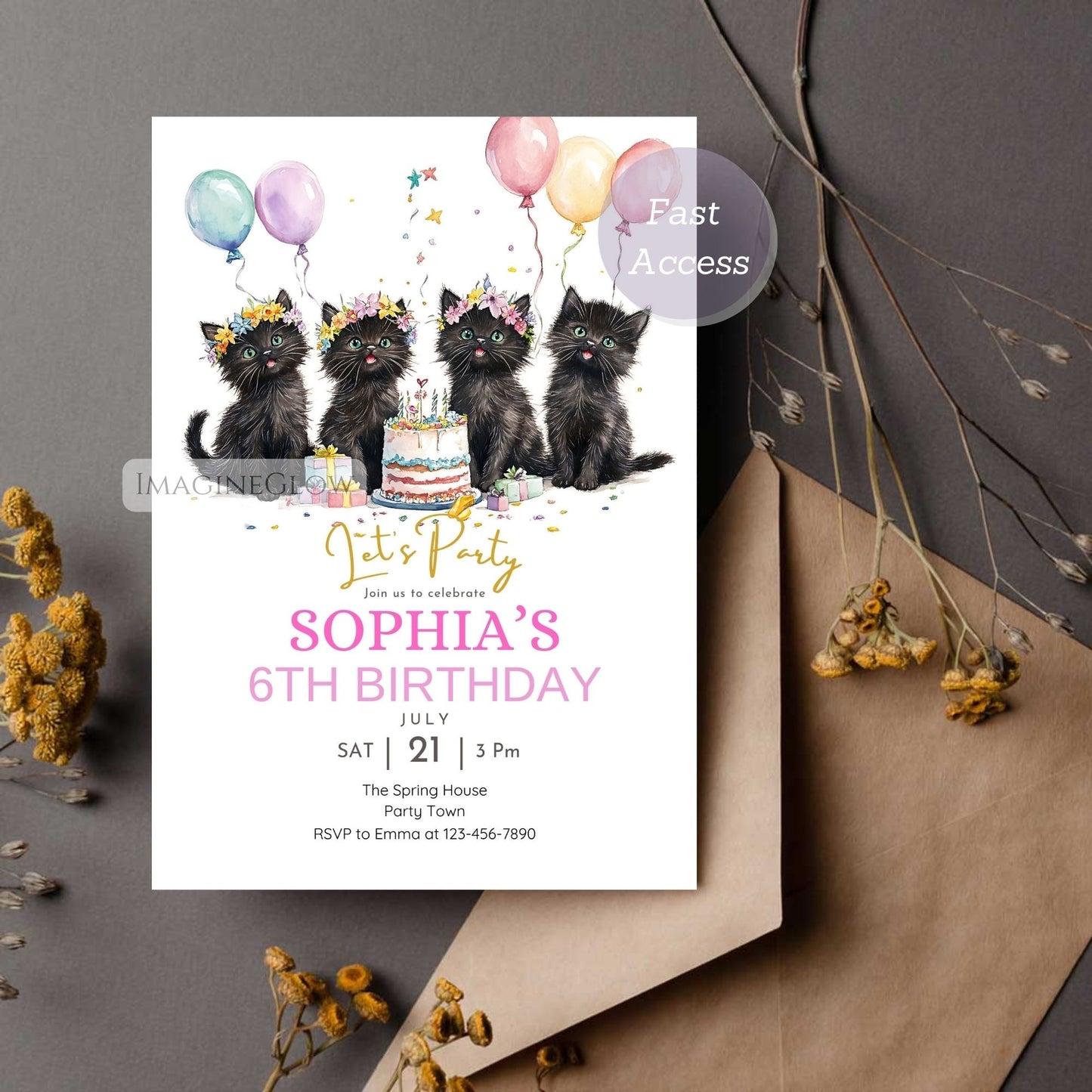 Birthday invitation card with four black cats and balloons on a white background