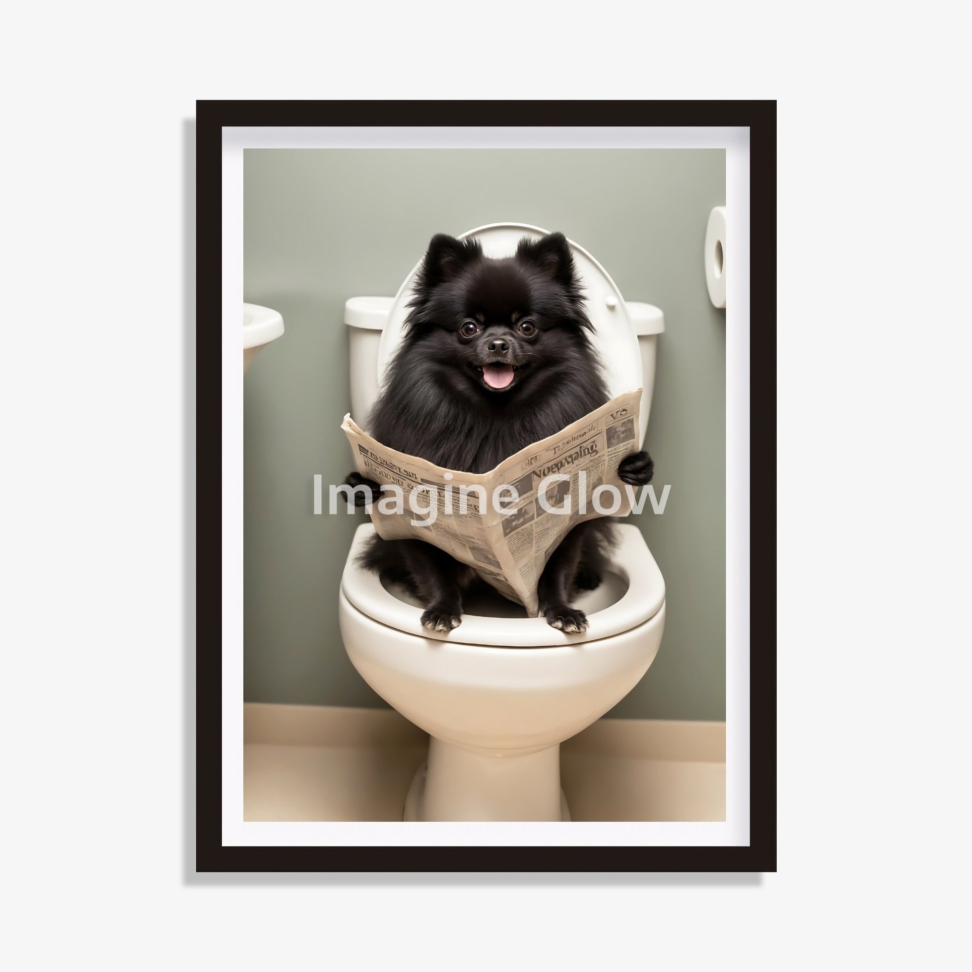 Bathroom scene with black Pomeranian sitting in toilet
Funny digital art of Pomeranian in a toilet