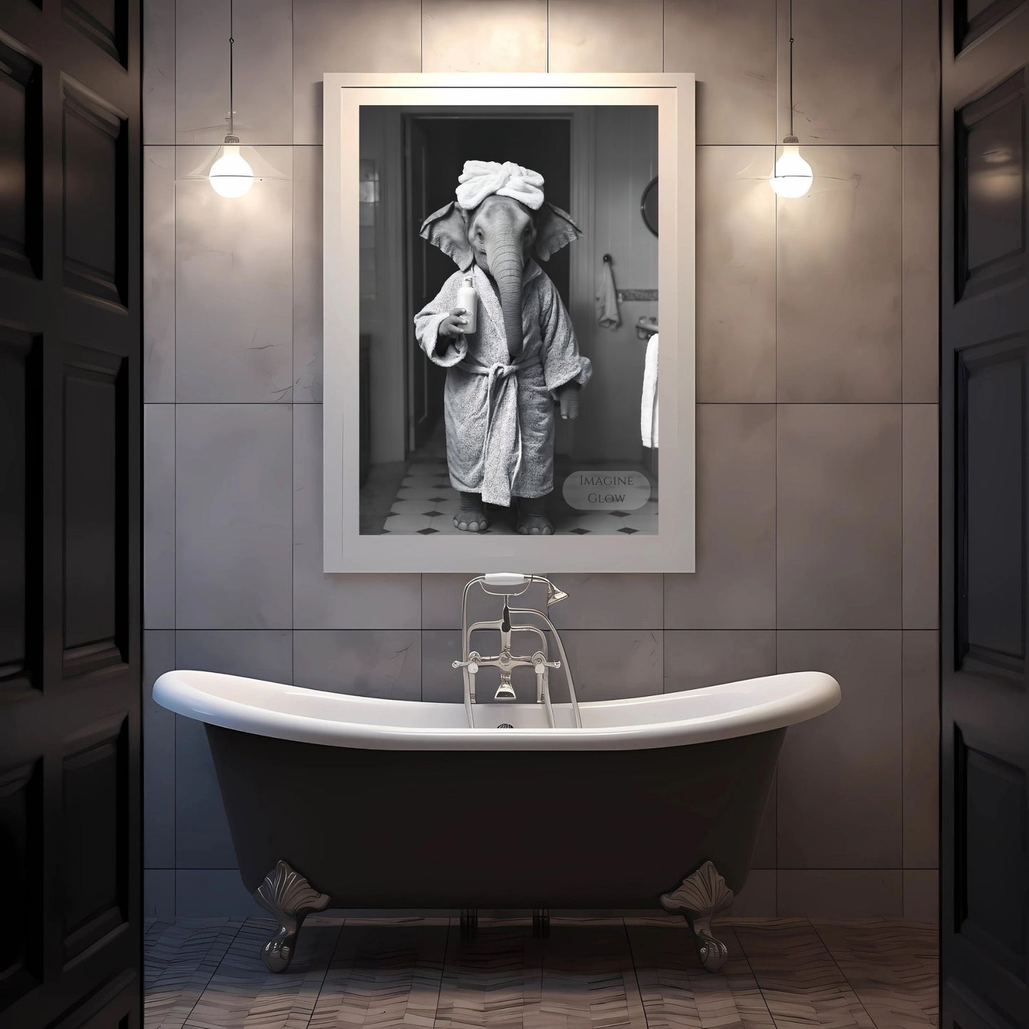 Quirky elephant bathroom art for powder room decoration