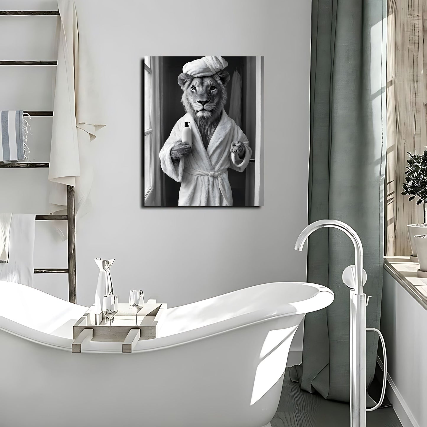 Toilet poster featuring quirky animal humor with a lion in a bathtub.