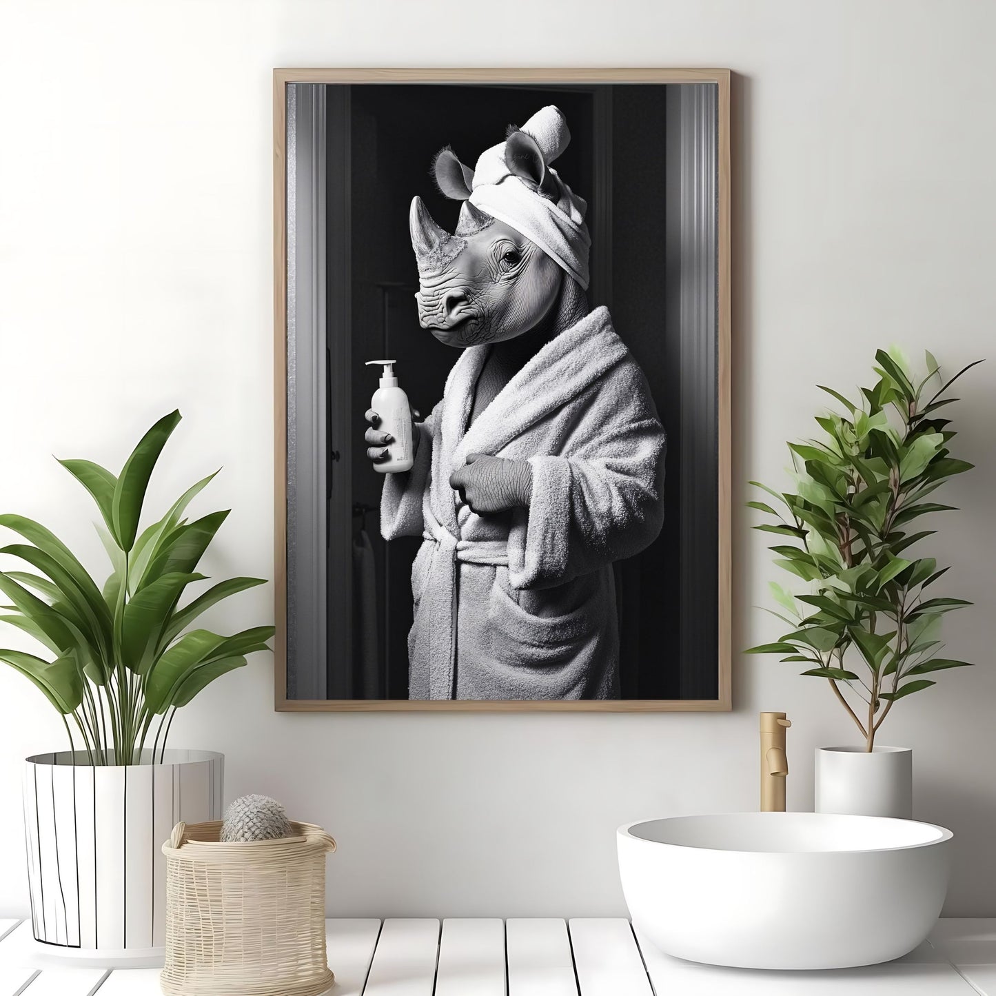 Whimsical rhino in a bathrobe bathroom wall art design.