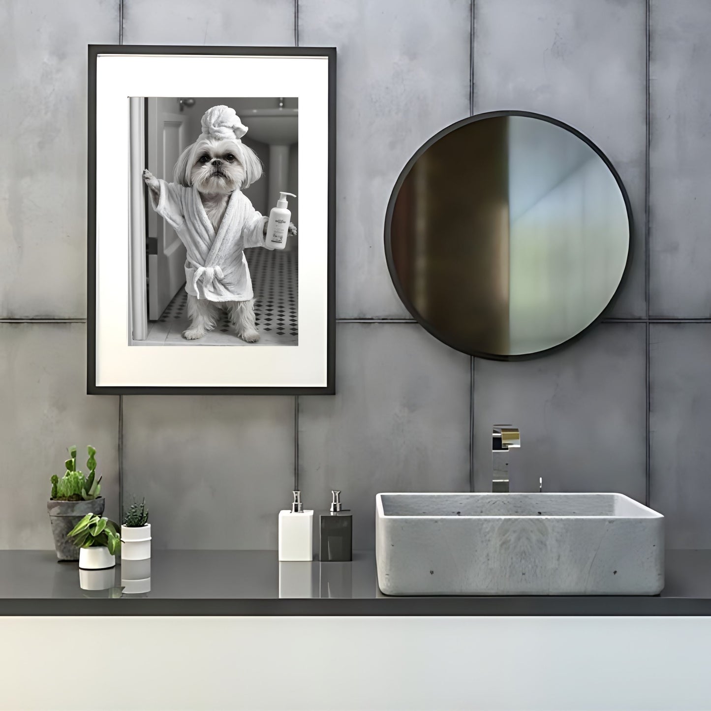 Above toilet print with a whimsical Shih Tzu enjoying bathtime.
Funny dog photo of a Shih Tzu in a bath tub for restroom wall decor.