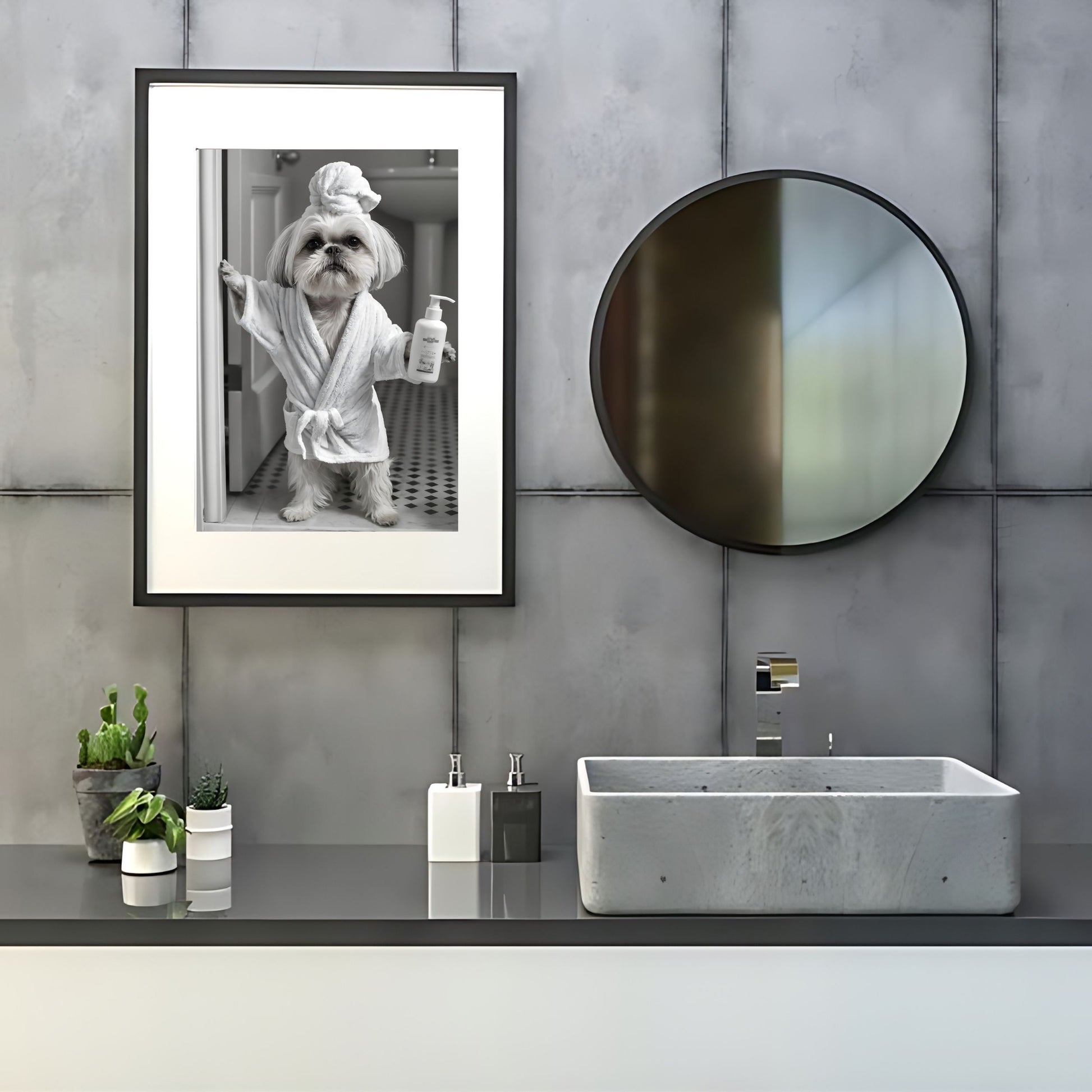 Above toilet print with a whimsical Shih Tzu enjoying bathtime.
Funny dog photo of a Shih Tzu in a bath tub for restroom wall decor.