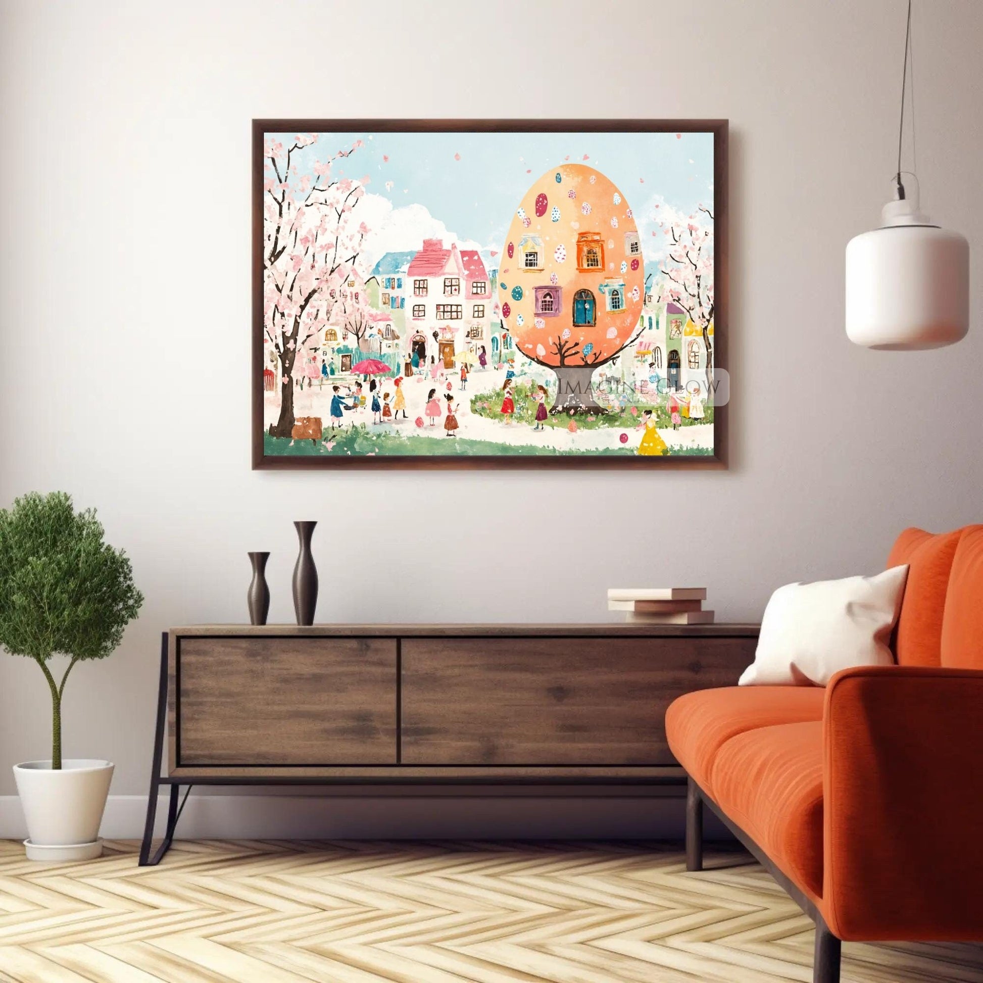 Charming spring town with cobblestone streets and Easter decor