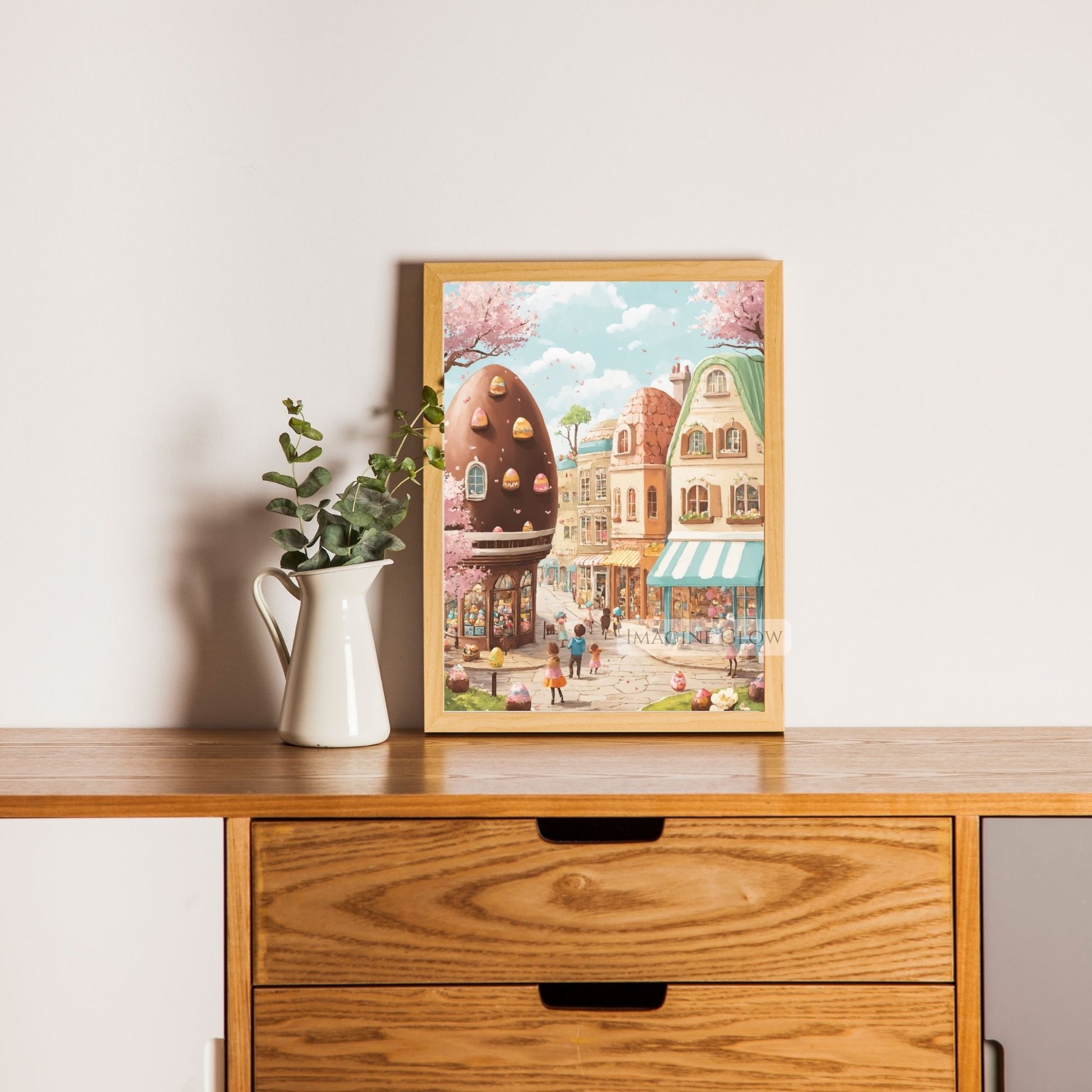 Whimsical Easter town scene with pastel houses and festive decor
