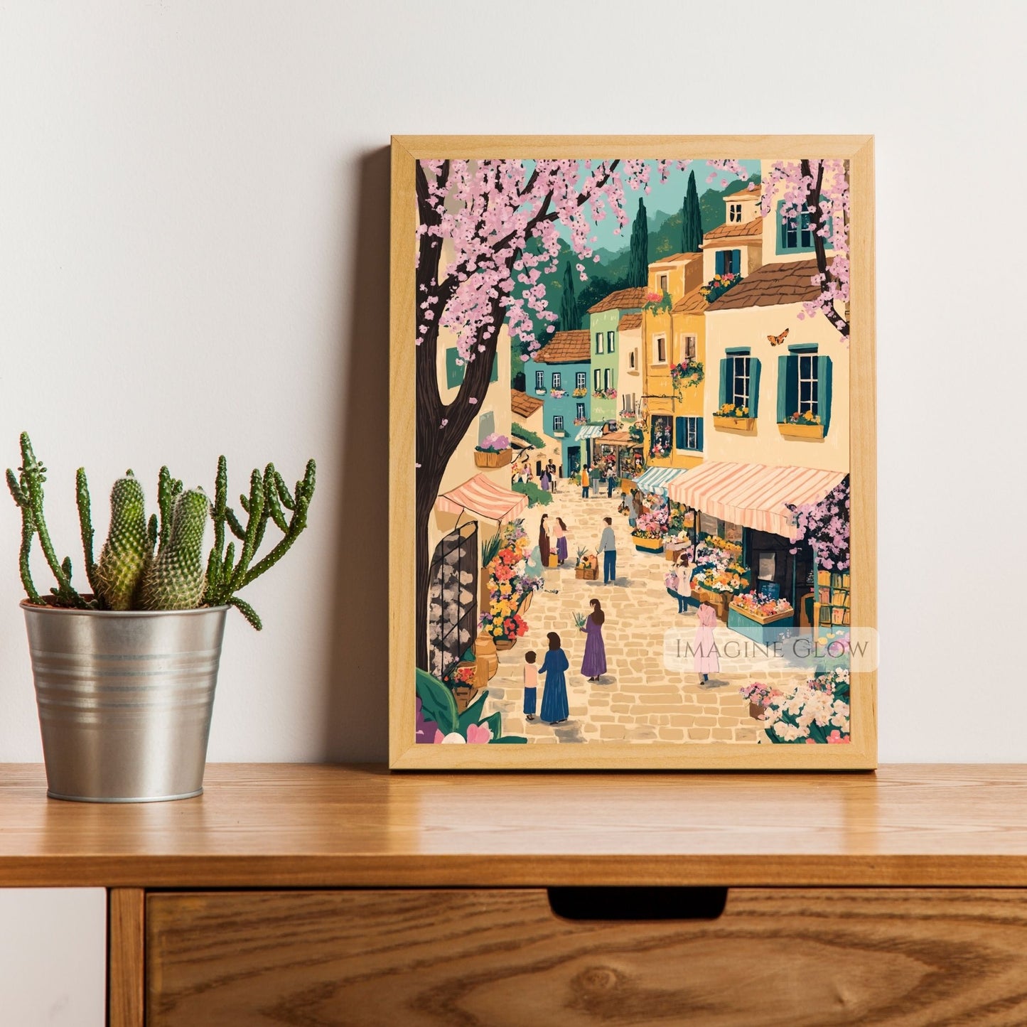 Artistic spring townscape with a tulip flower market and cobblestone pathways.