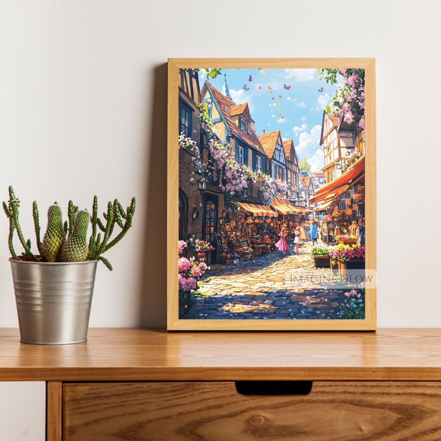 Artistic European city street bathed in golden summer light.