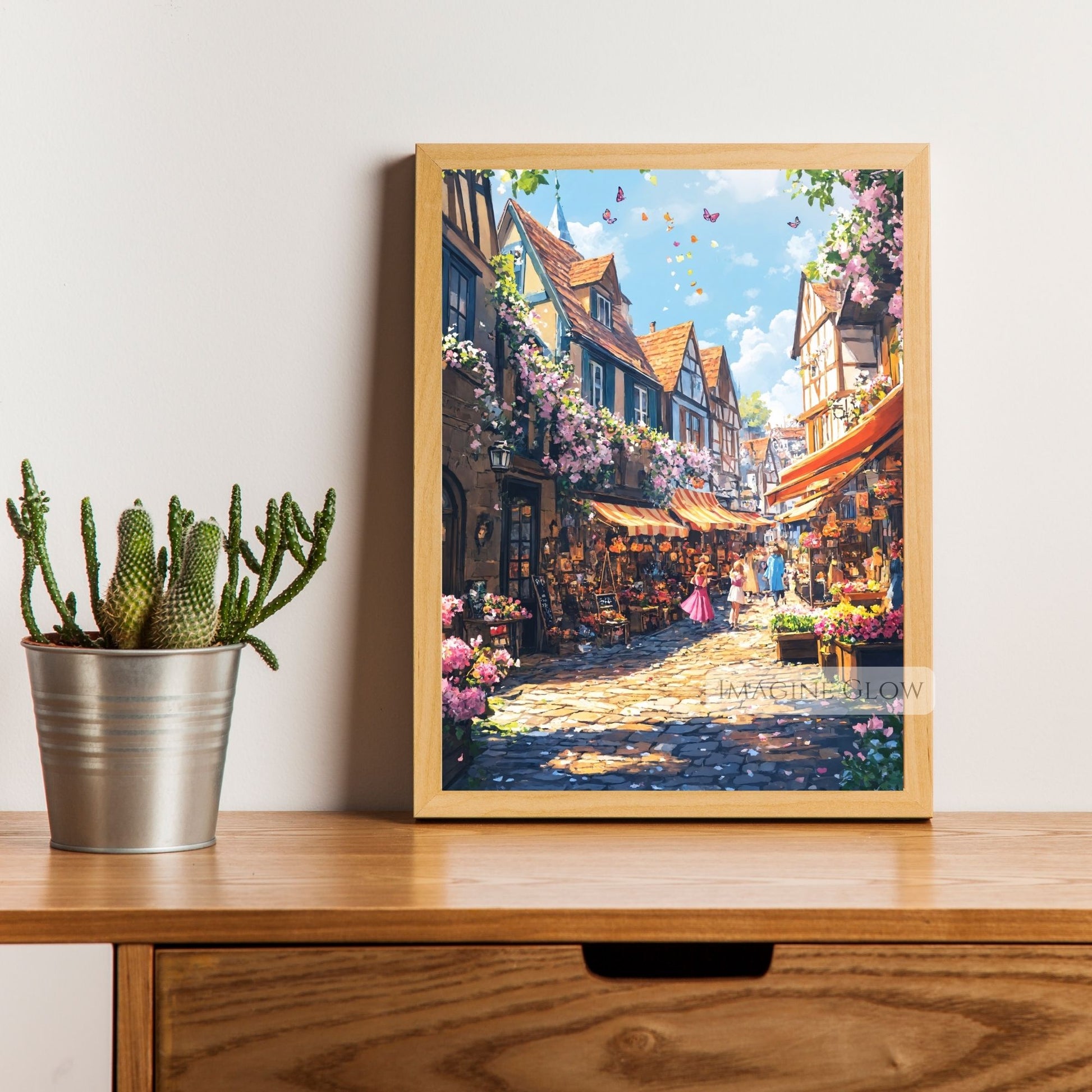 Artistic European city street bathed in golden summer light.