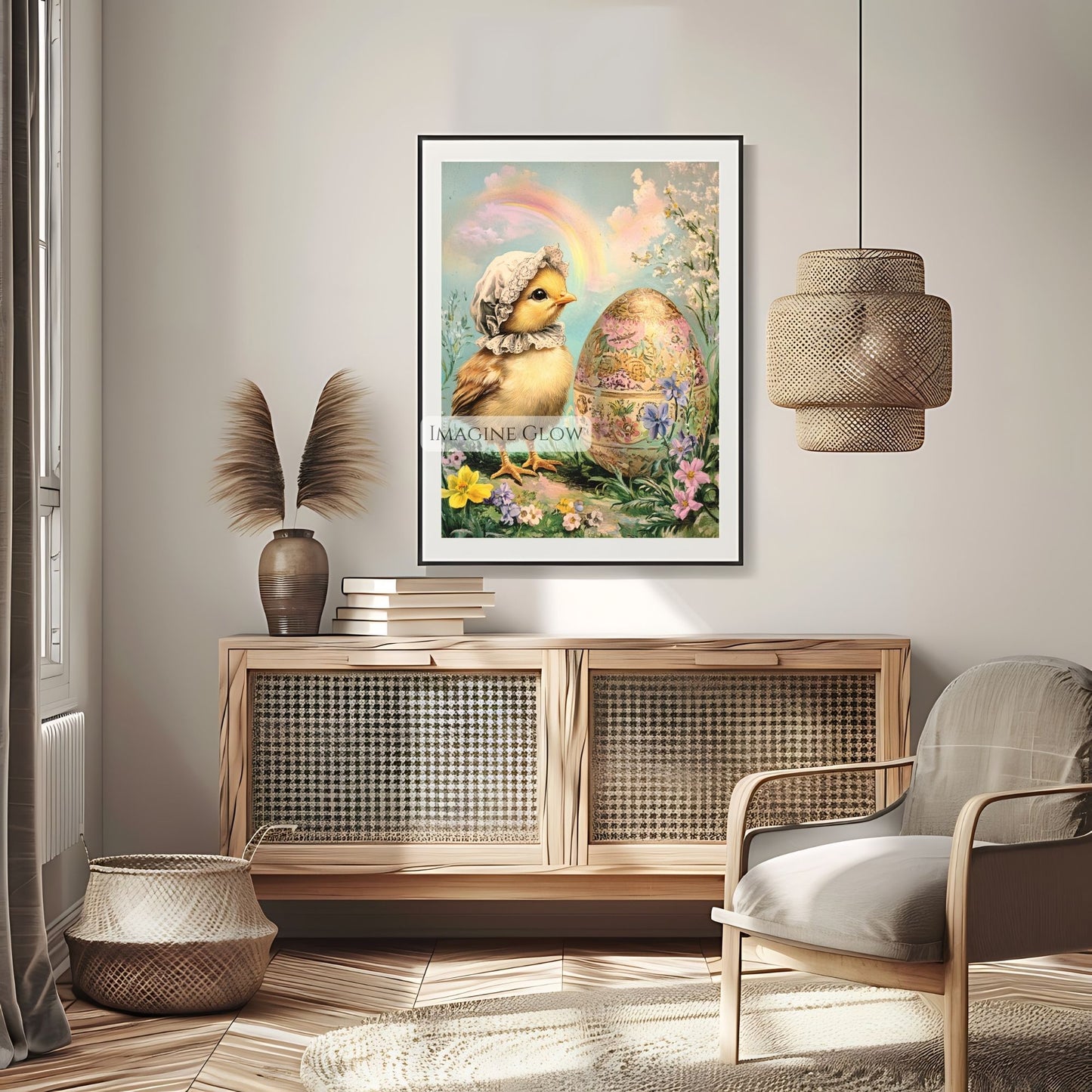 Farmhouse-style baby chick illustration with Easter egg and flowers.