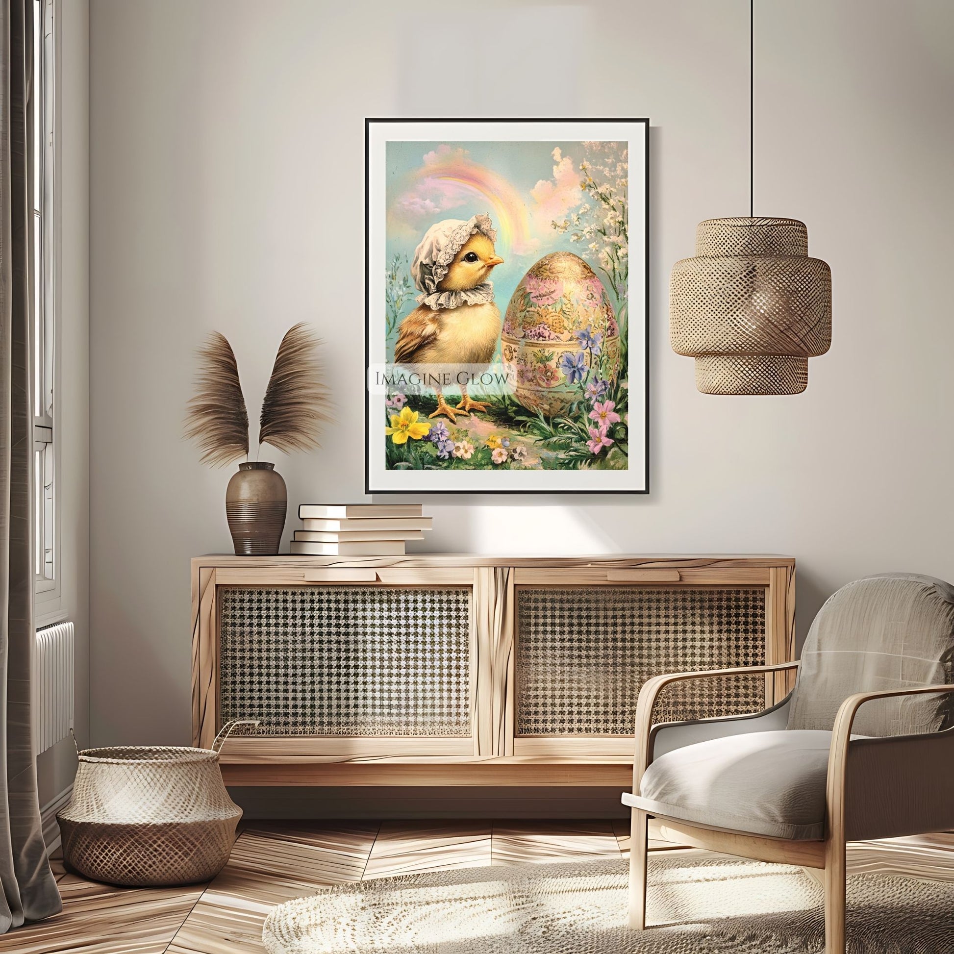 Farmhouse-style baby chick illustration with Easter egg and flowers.