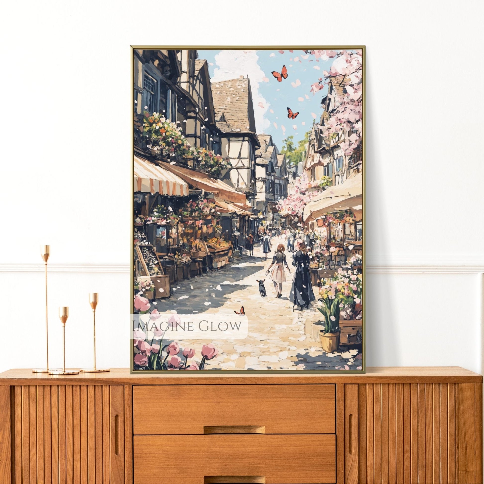 Lively spring street market filled with flowers and gentle hues.