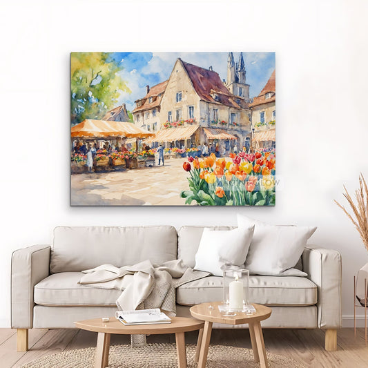 Old-town flower market art with blooming flowers in vintage style
