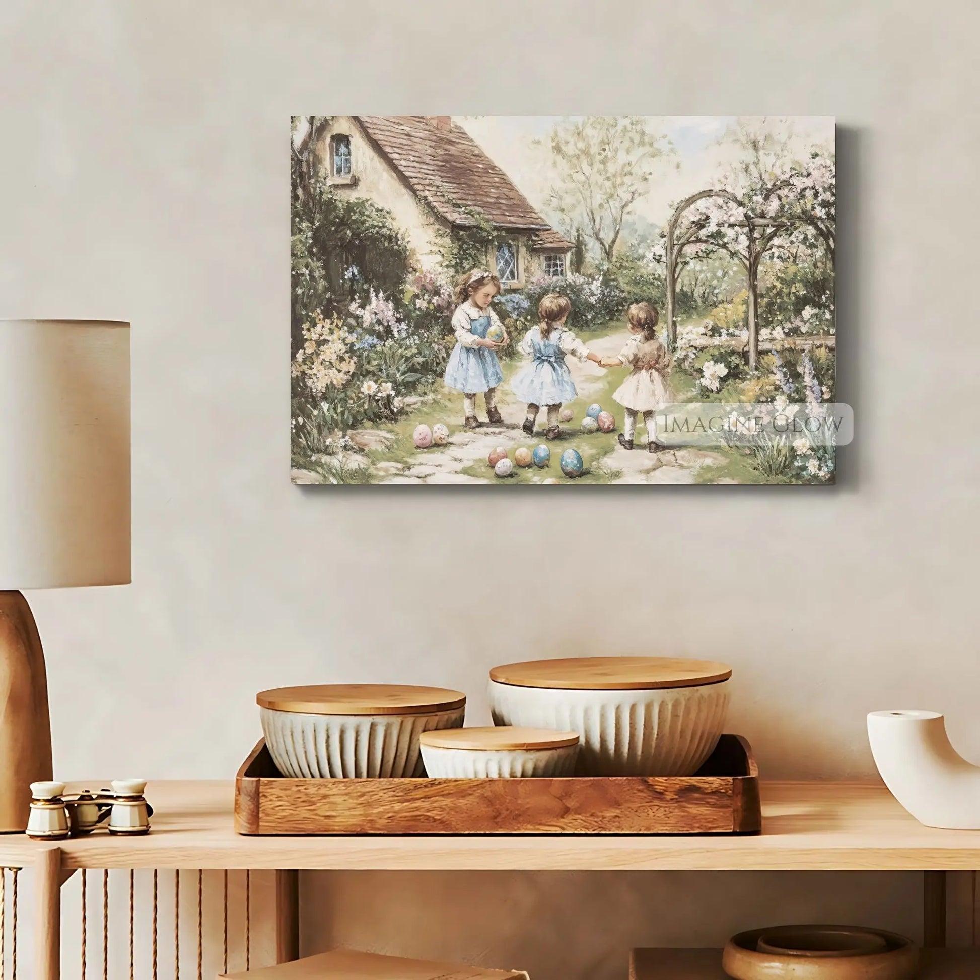Nostalgic Easter egg hunt in a vintage English cottage garden.