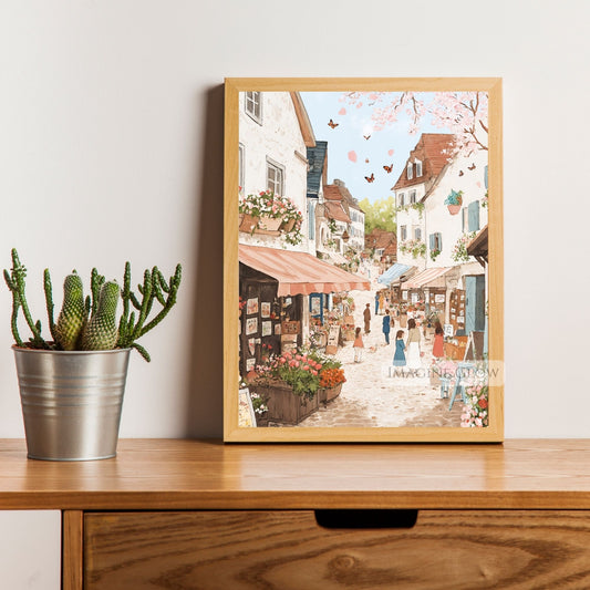 Hand-drawn spring town with blooming flowers and cobblestone streets.