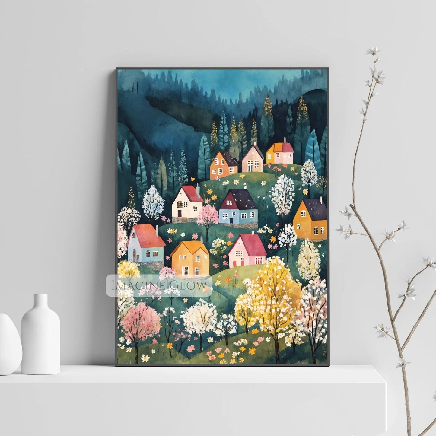 Rustic spring village with blossoming trees illustration