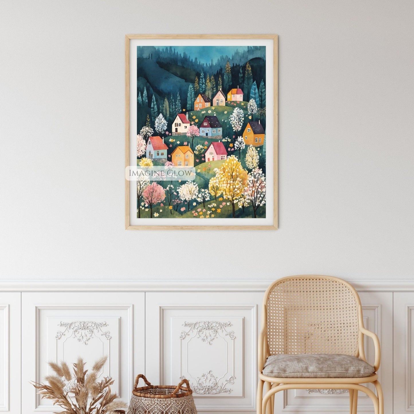 Hand-drawn countryside village scene for home decor
