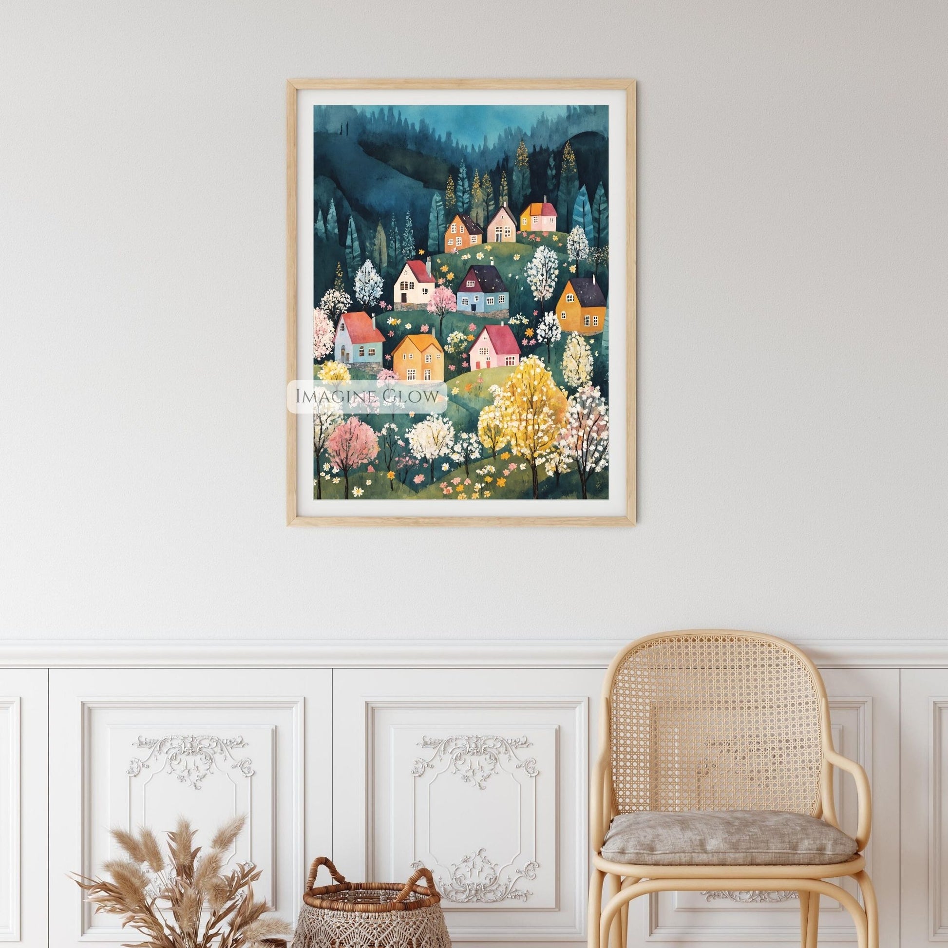 Hand-drawn countryside village scene for home decor