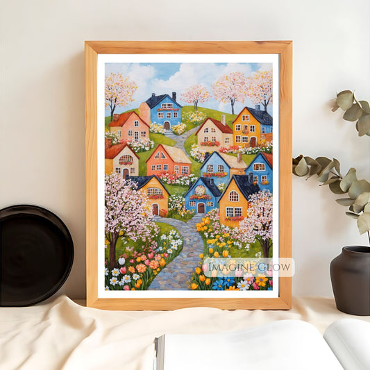 Folk art of a spring village with colorful houses and wildflowers