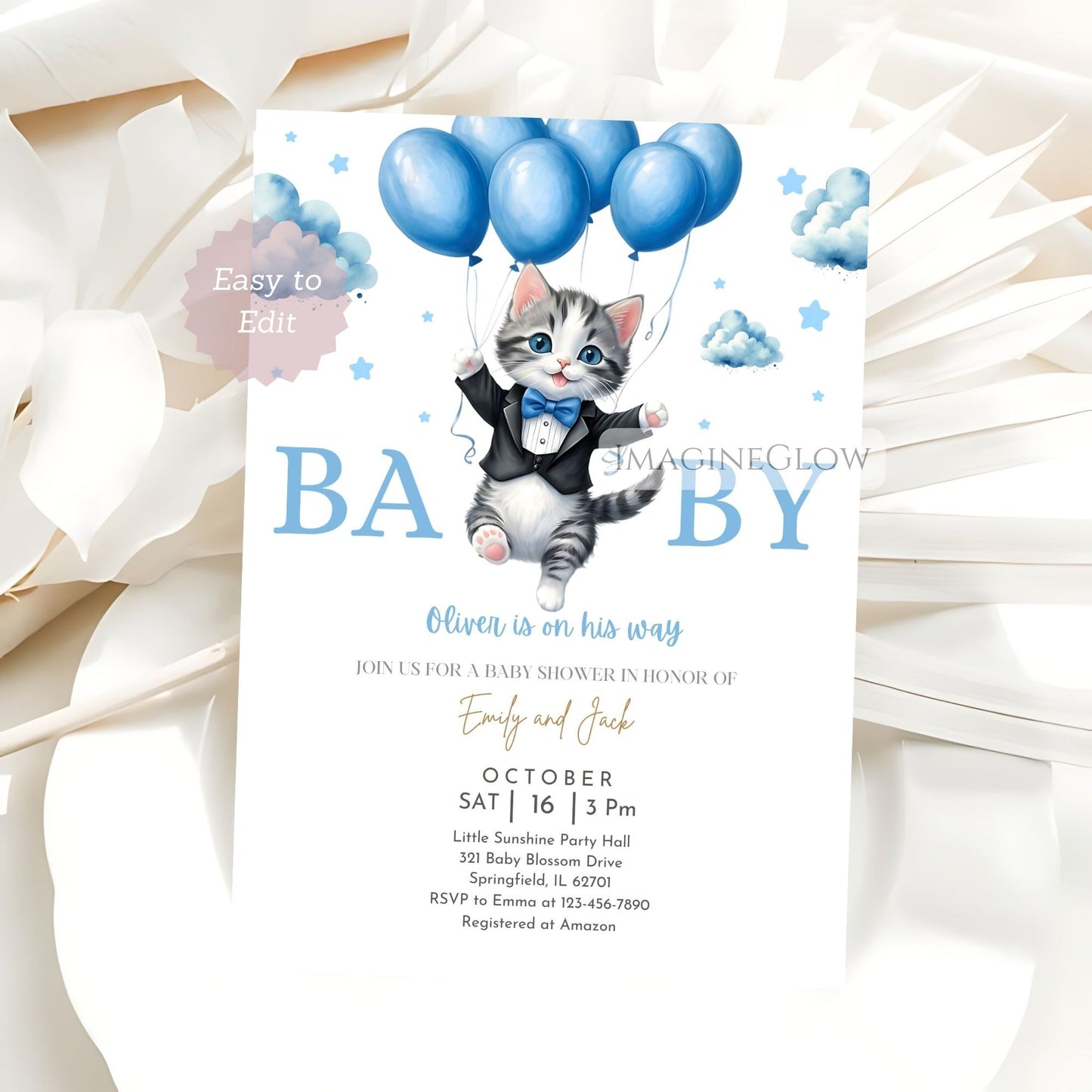kitten baby boy shower invitation