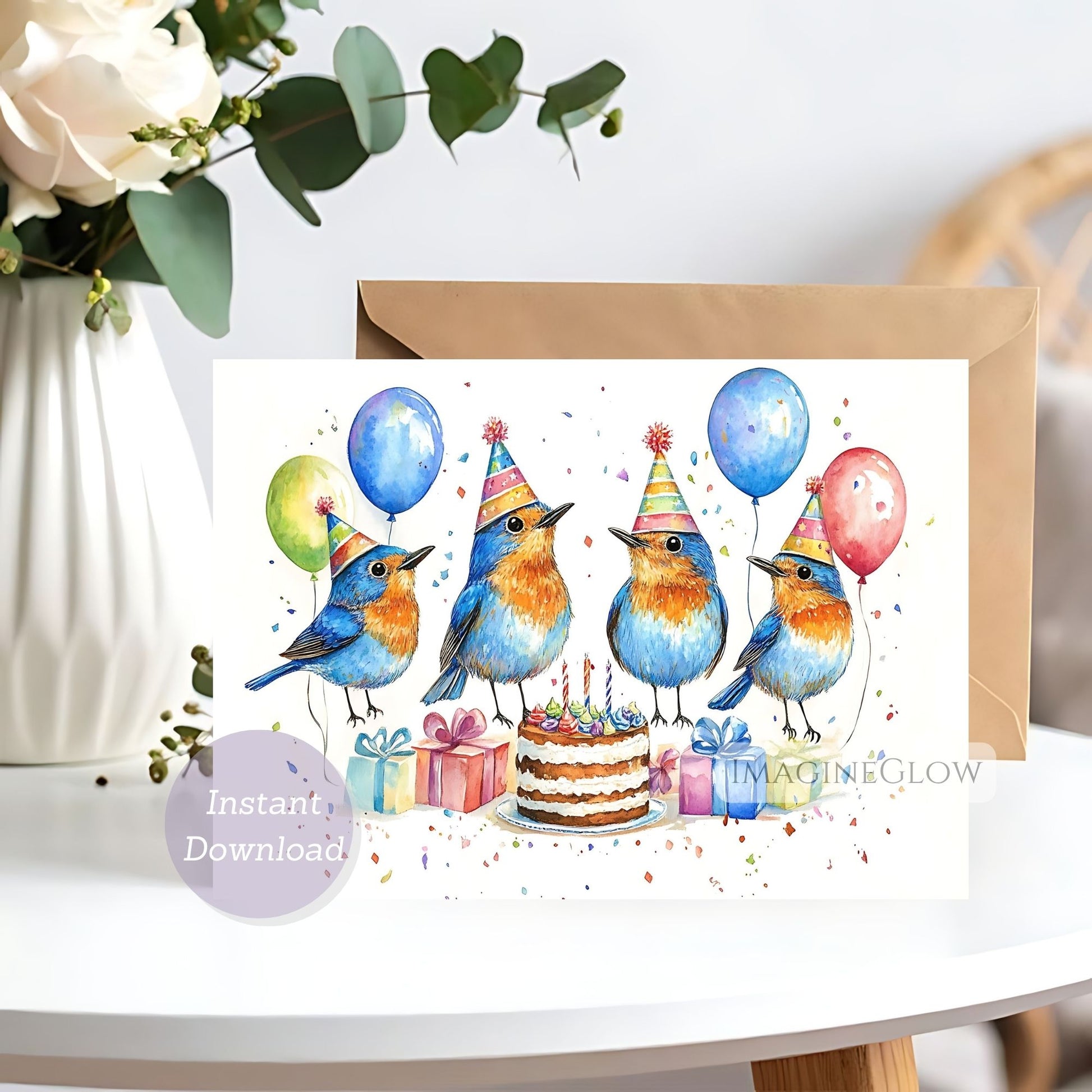 Birthday card with colorful birds, balloons, and a cake on a white surface.