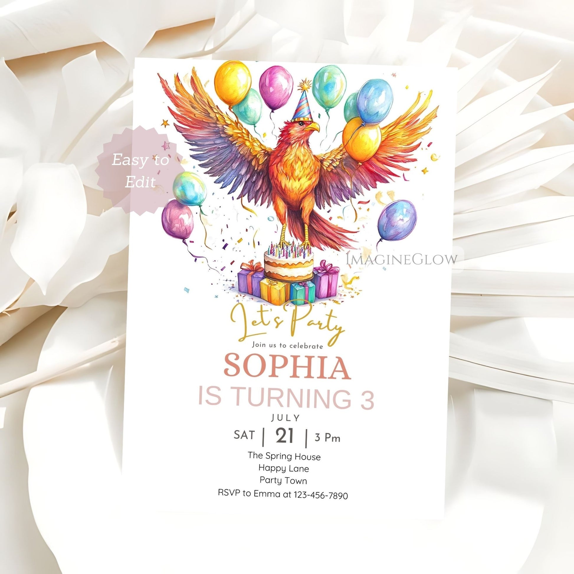 Mythology themed phoenix birthday invitation editable