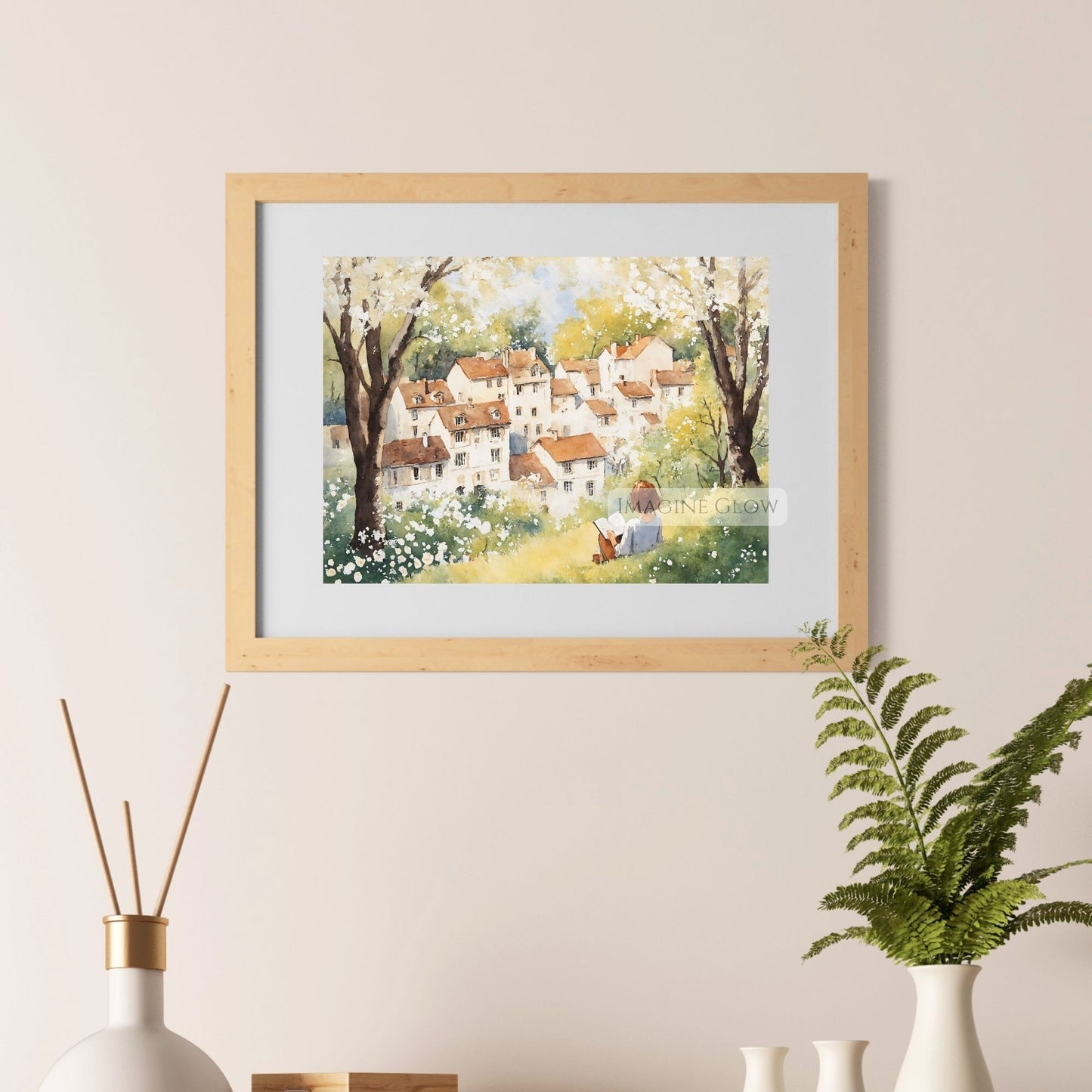 Cozy reading nook-inspired art featuring a woman in nature.