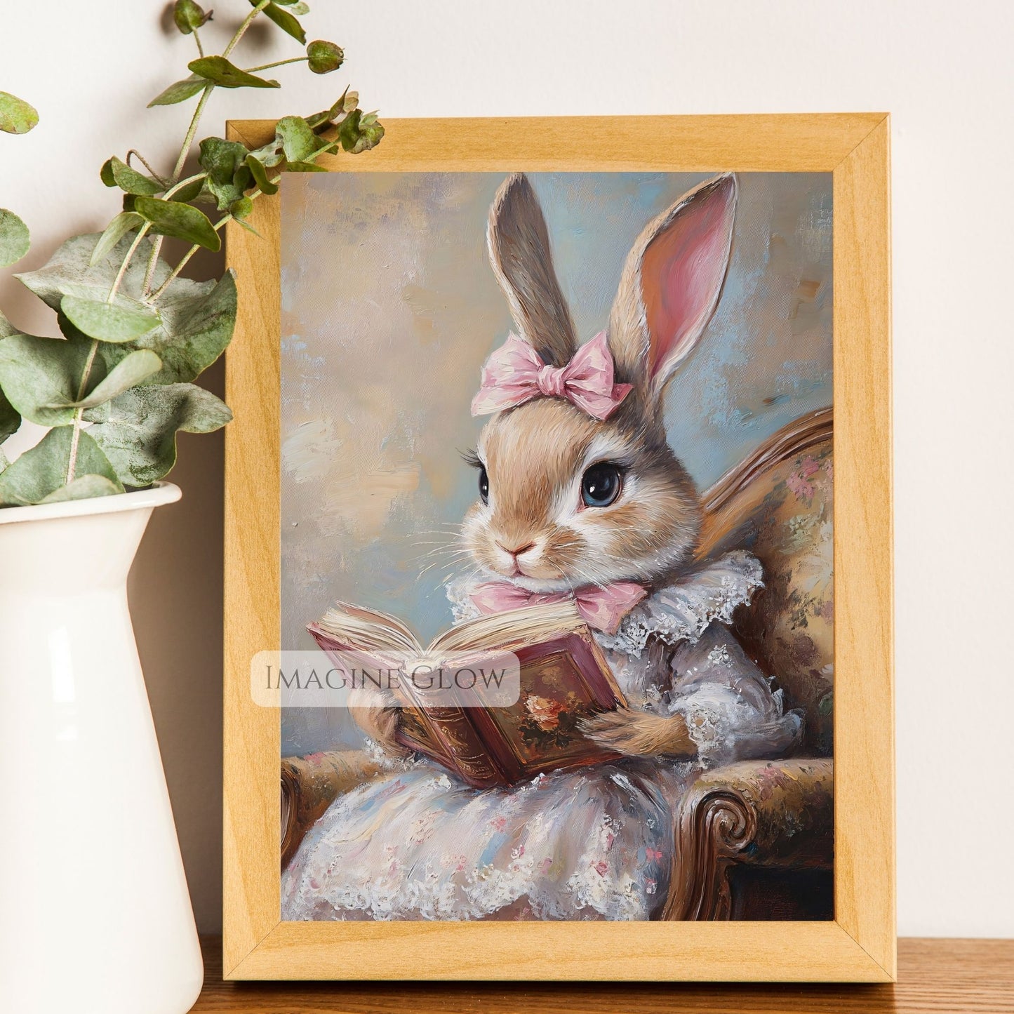 Whimsical bunny art for reading nook