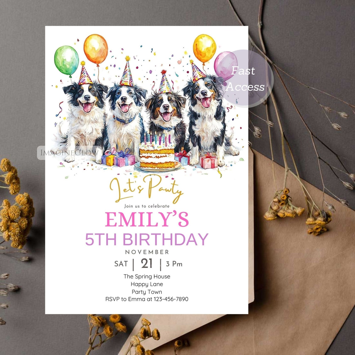 Border Collie birthday invitation with four dogs.