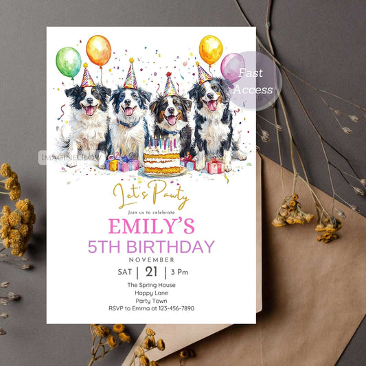 Border Collie birthday invitation with four dogs.