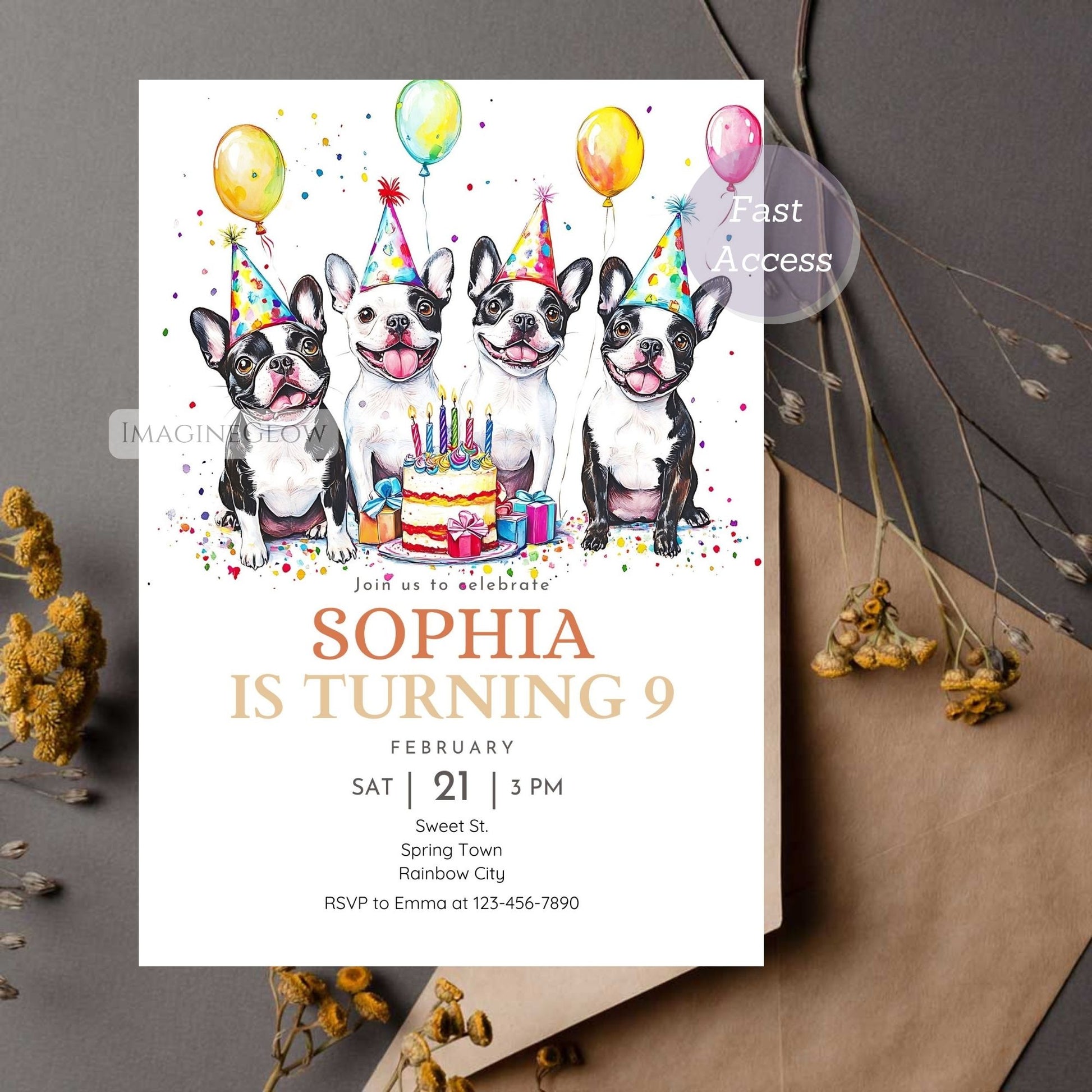 Adorable Boston Terrier birthday invite for dog lovers
Fun Boston Terrier puppy-themed birthday party invitation