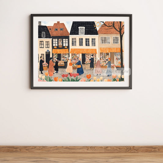 Blooming tulips artwork in vintage flower market style.