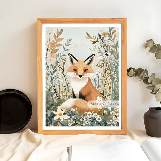 Fox surrounded by wildflowers wall art.