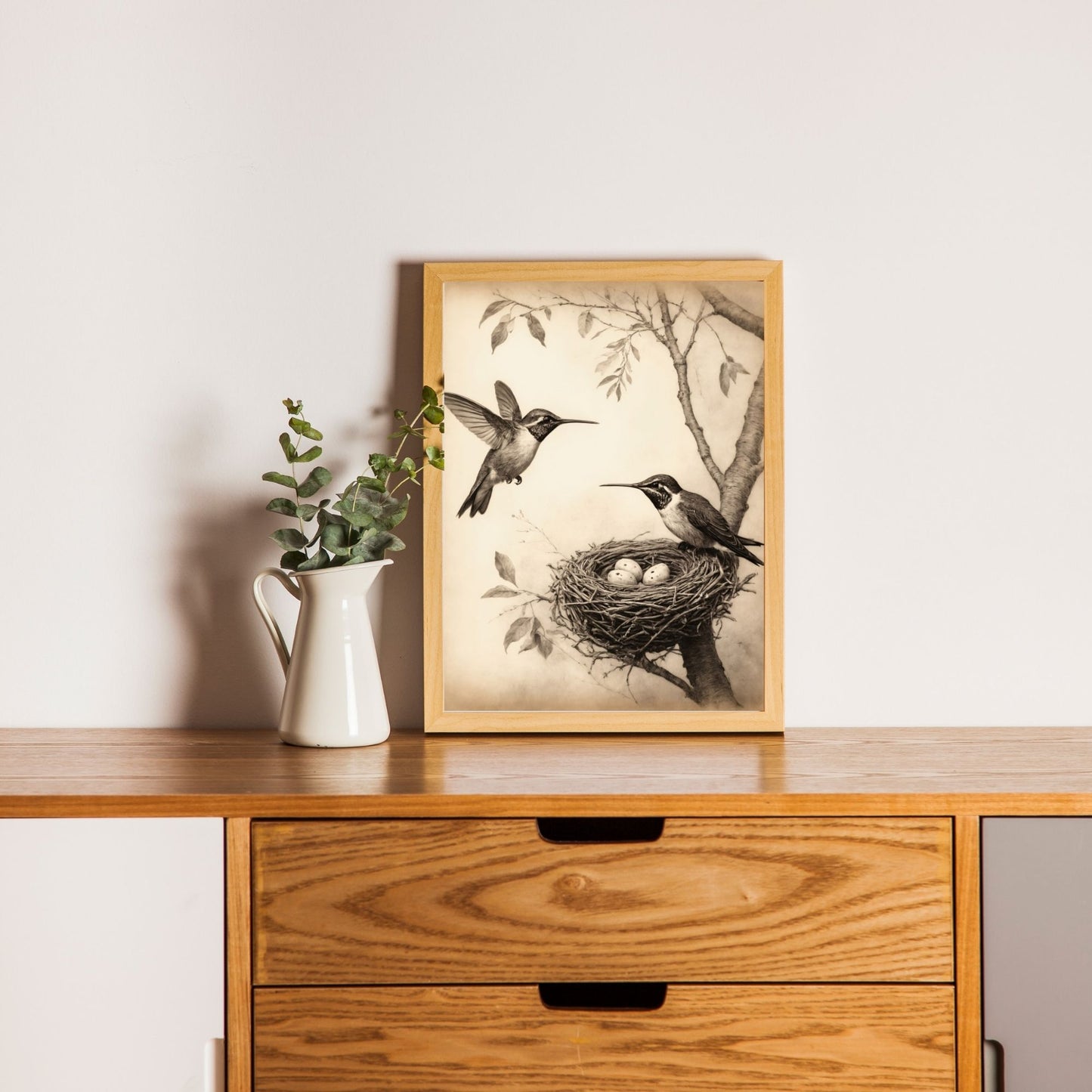 Antique bird nest illustration with hummingbirds