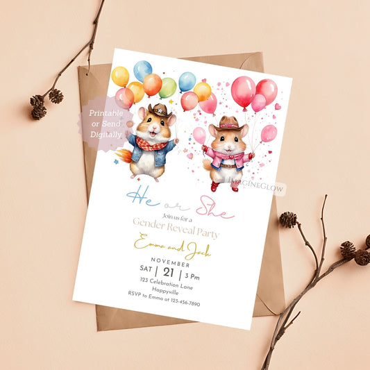 Hamster gender reveal party invitation
Printable hamster baby shower invite