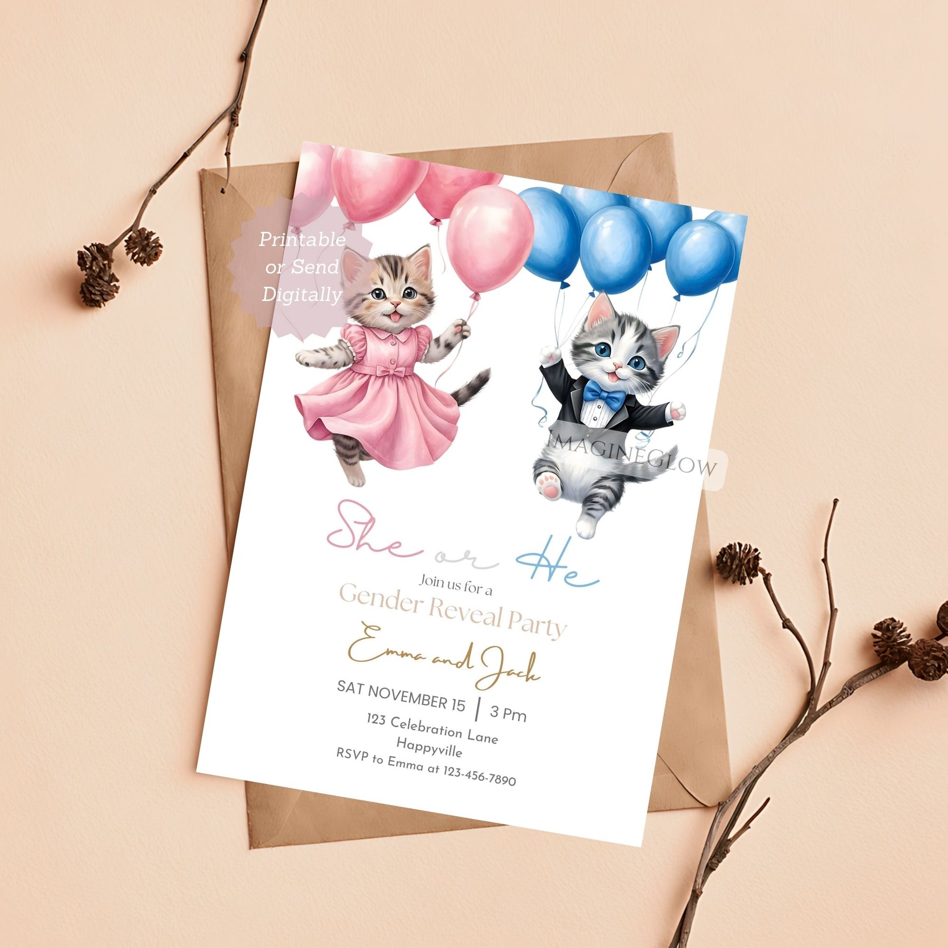 editable kitten shower invitation
kitten balloons gender reveal invite
