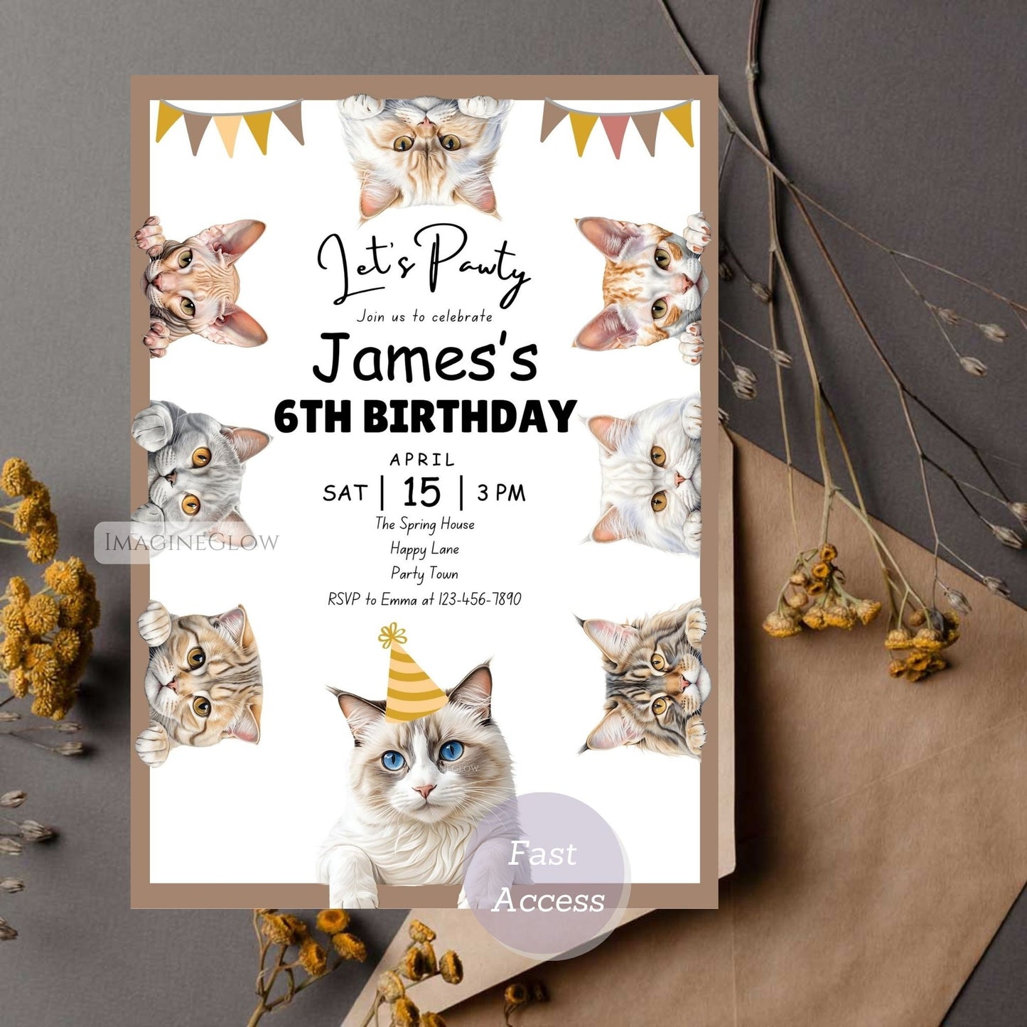 Editable digital cat birthday invitation for boys.
Personalized kitten birthday party invitation.