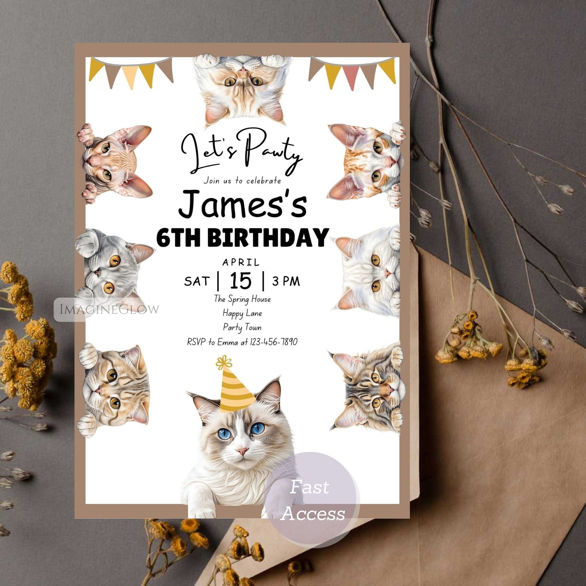 Editable digital cat birthday invitation for boys.
Personalized kitten birthday party invitation.