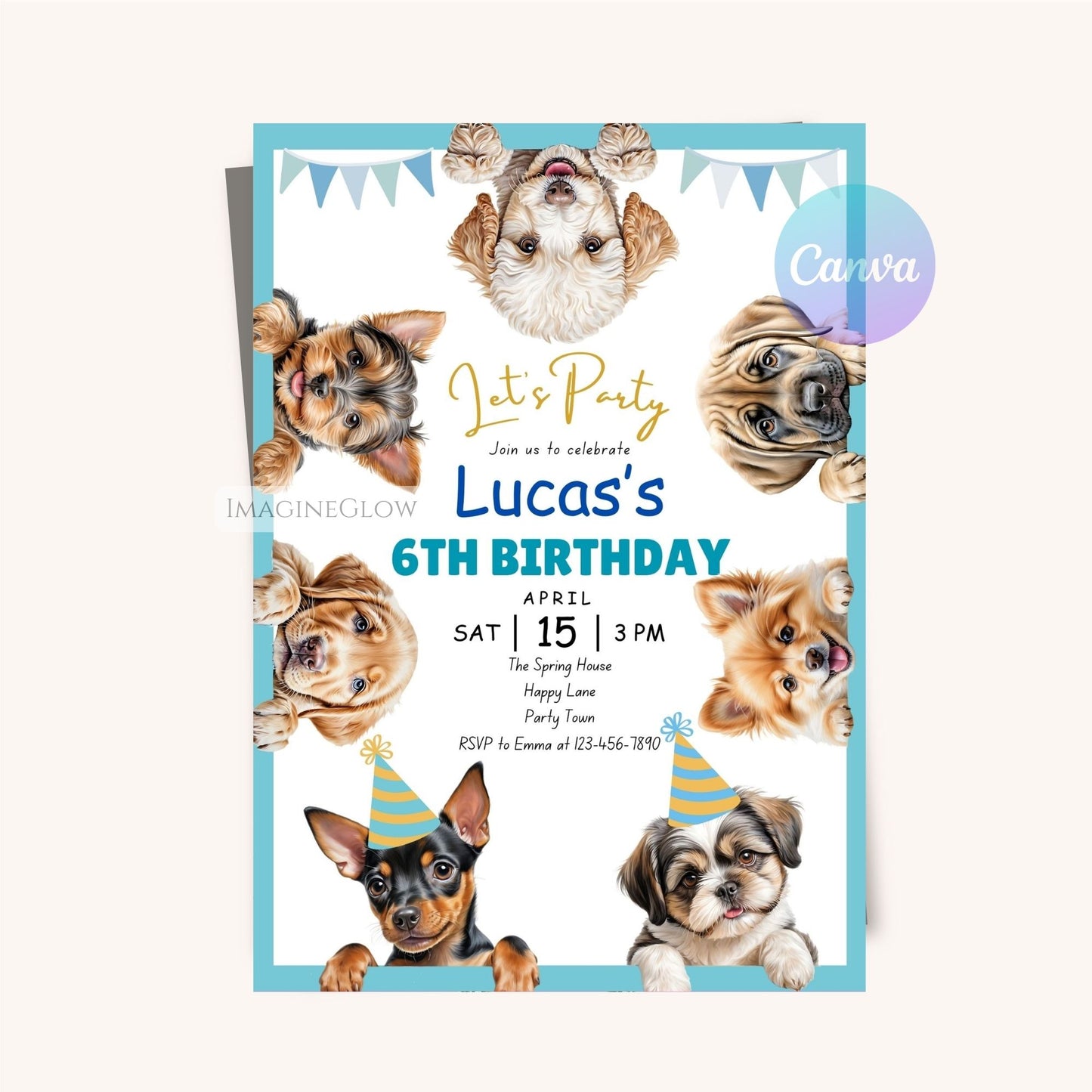 Fun pet-themed party invitation for kids.
Digital download dog pawty invitation template.