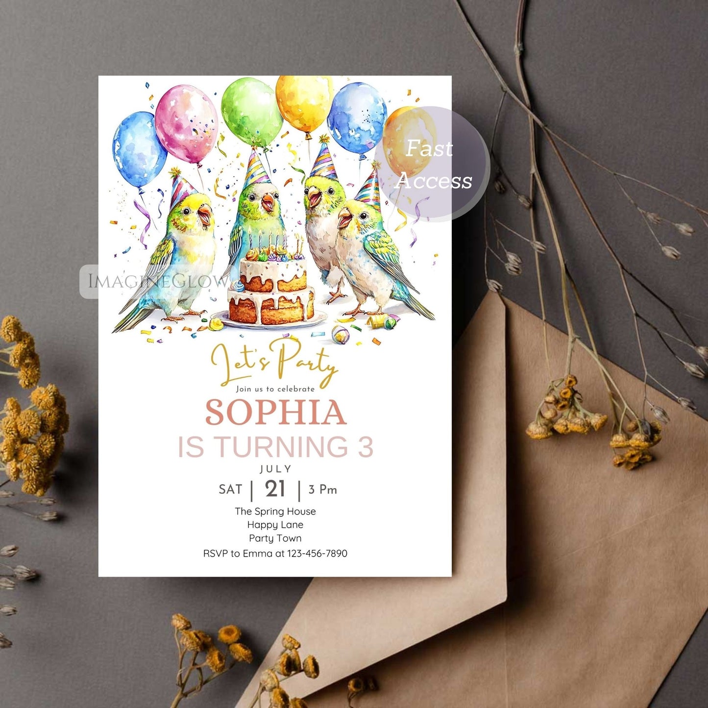 Editable budgerigar invitation for kids birthday