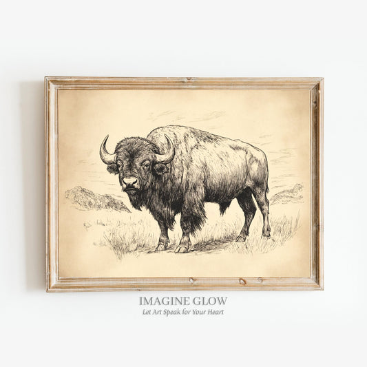Vintage buffalo sketch art print for rustic decor.