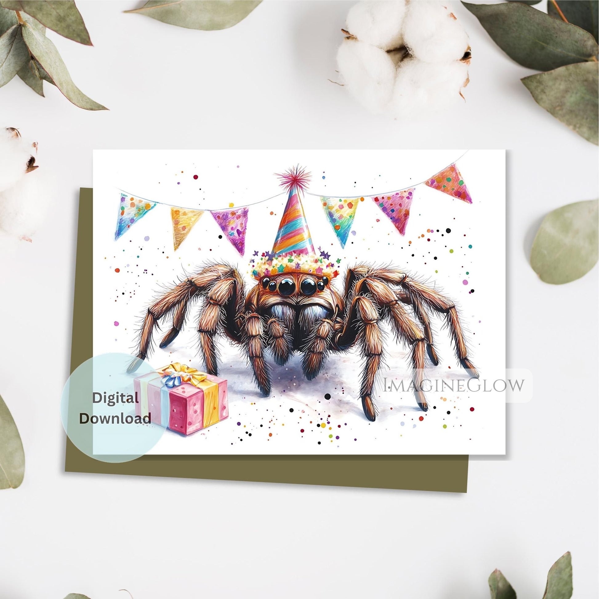 Birthday card with a spider wearing party hats on a white background with cotton and leaves.