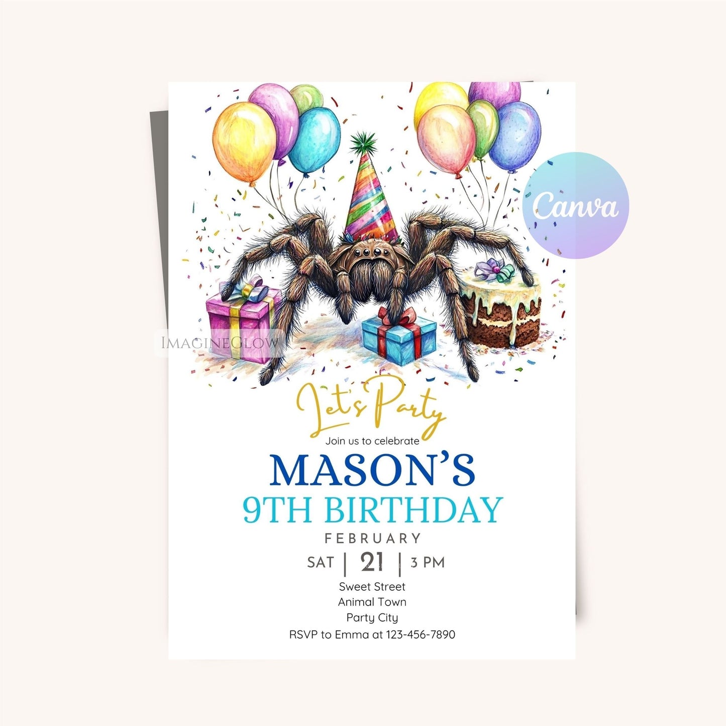 Digital tarantula-themed birthday party card.