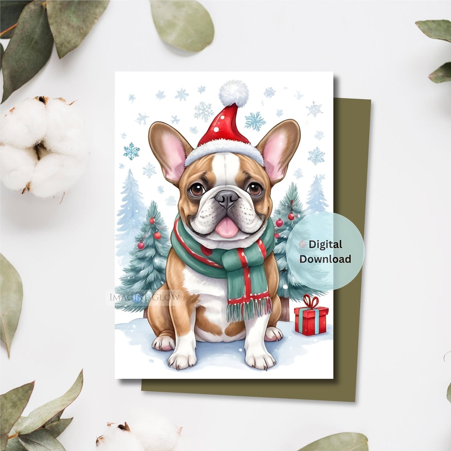 Christmas-themed card with a dog wearing a Santa hat and scarf on a snowy background.
