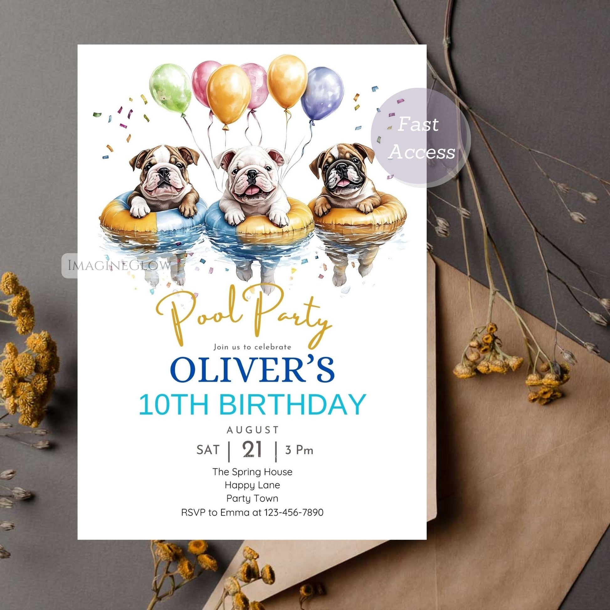 Cute bulldogs in sunglasses on a pool party birthday card.