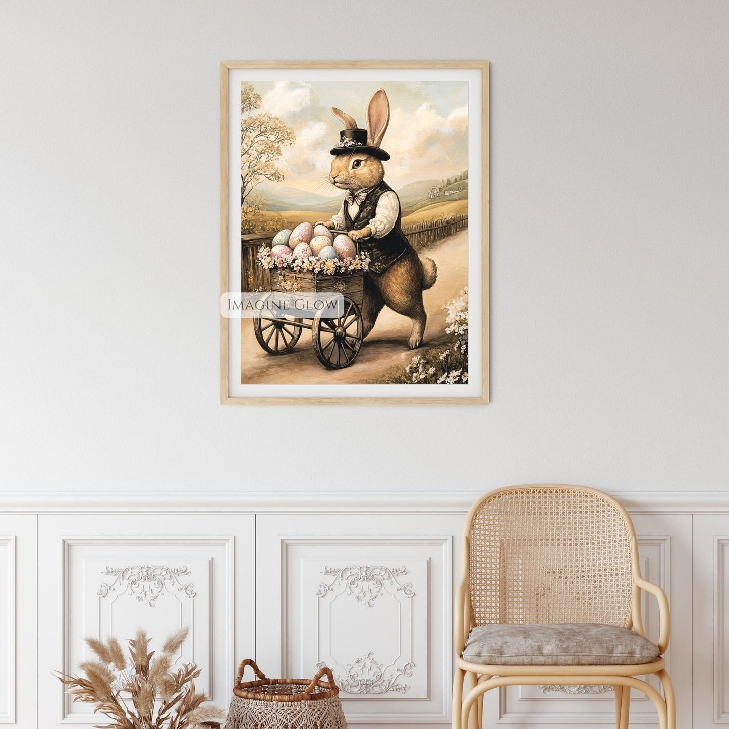 Vintage-style rabbit with Easter eggs in a spring meadow.