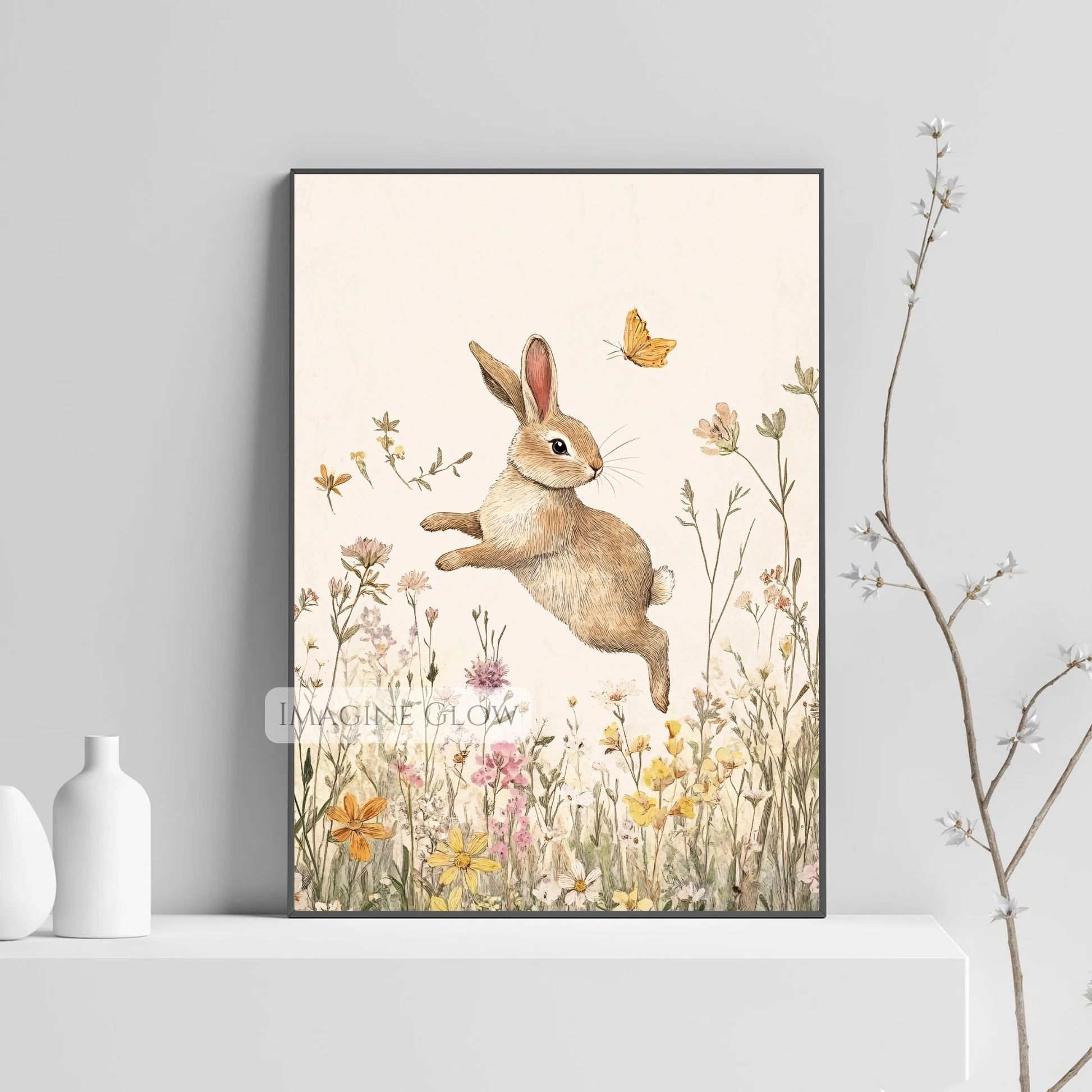Sweet bunny and wildflowers in a calming nursery art print.