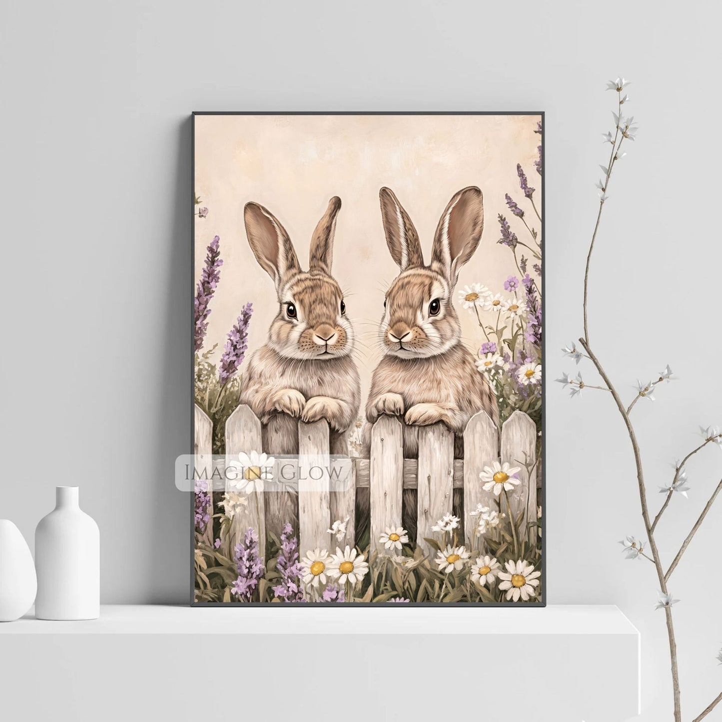 Woodland rabbits in a wildflower field, capturing nature's beauty.