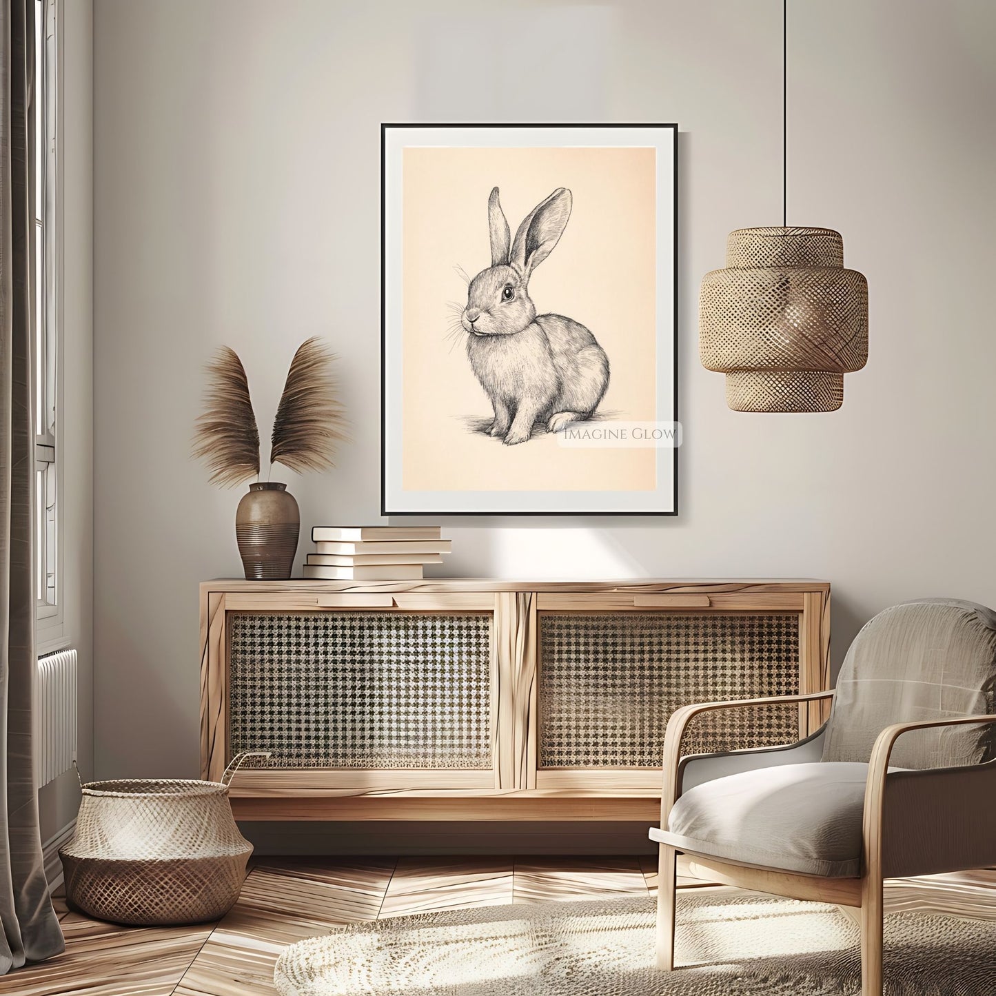 Vintage-style bunny illustration for Easter home decoration.